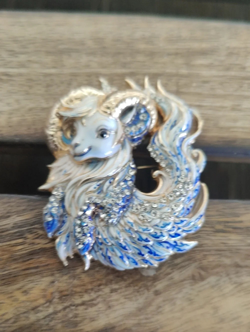 Blue and White Enamel Ram Brooch with Rhinestones
